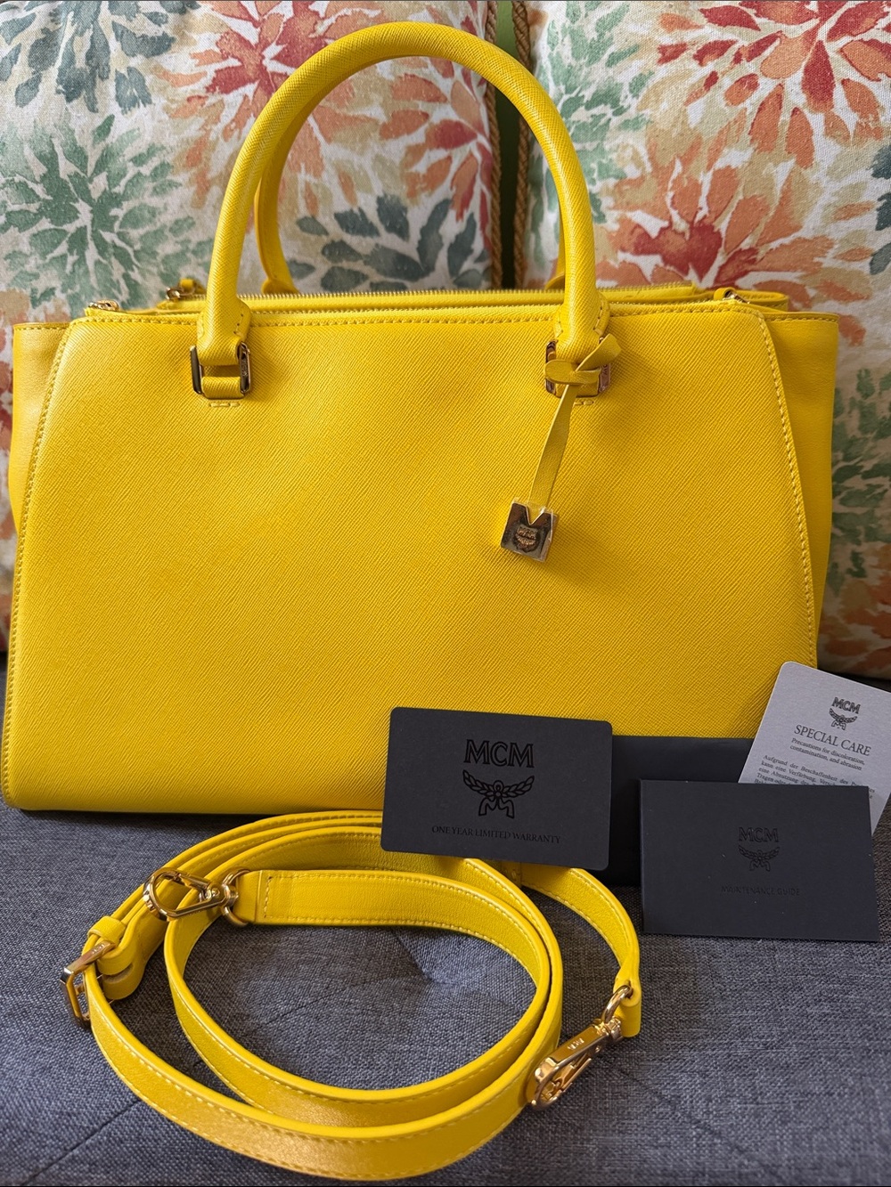 MCM Yellow Saffiano Leather Top-Handle Satchel with Strap
